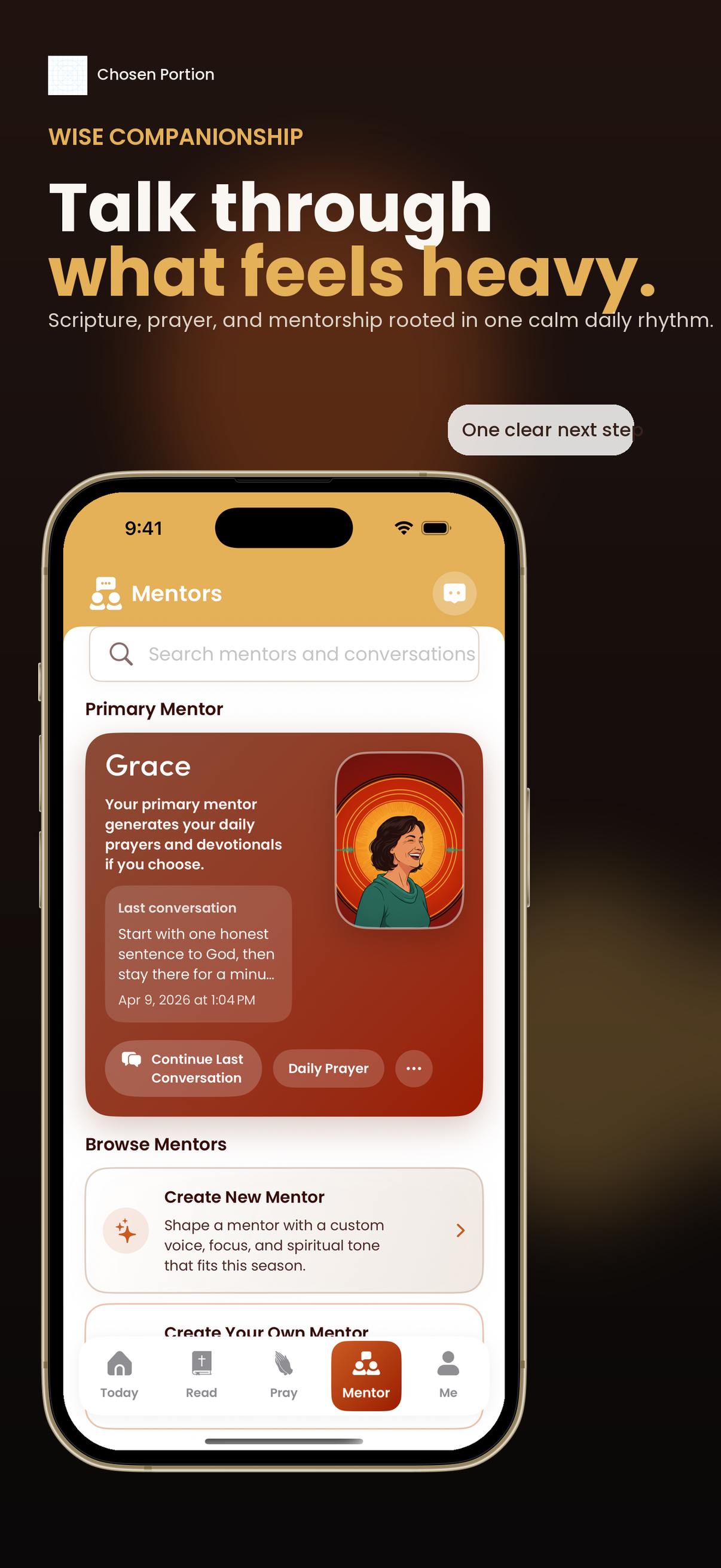 Chosen Portion mentor conversation screen showing a faithful mentor ready to help